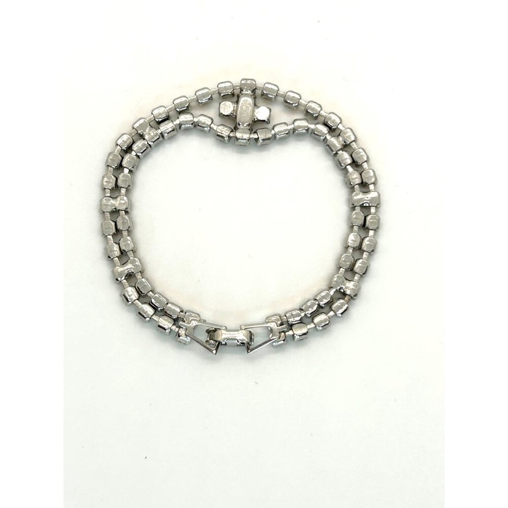 Vintage Clear Rhinestone Bracelet With Double Row Center Baguette Stone 7 Inch - Picture 8 of 10